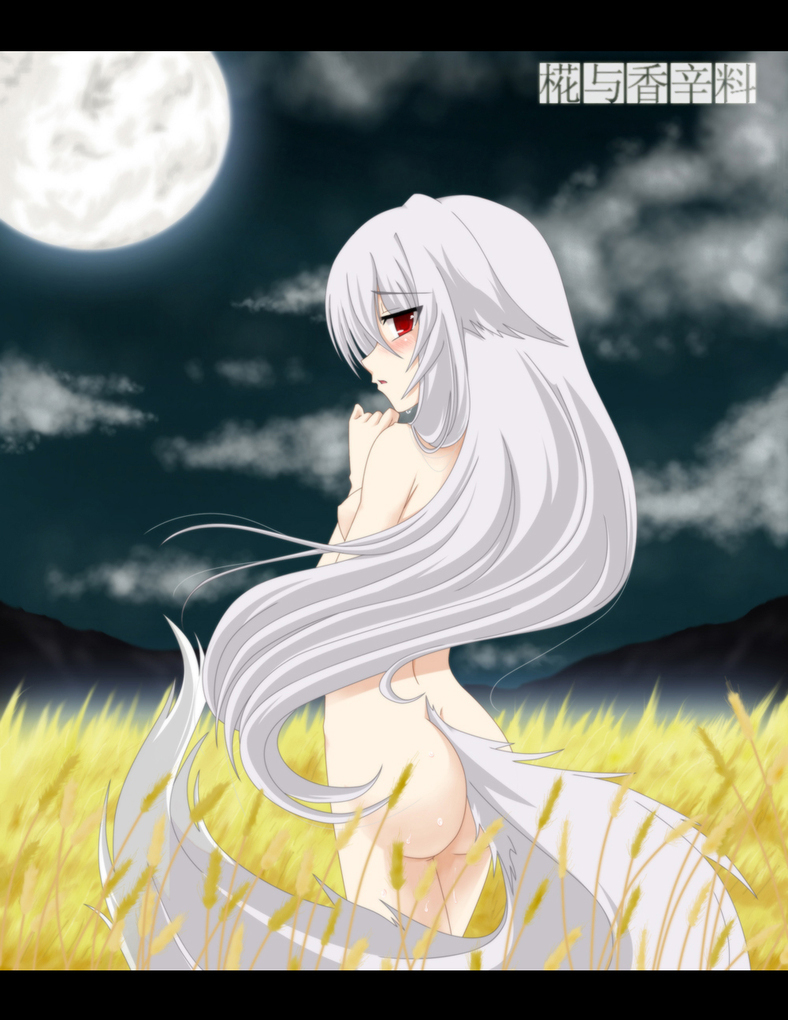 1girls alternate_hairstyle animal_ears auer blush breasts female long_hair momiji_inubashiri moon nude parody small_breasts solo spice_and_wolf tail touhou wolf_ears wolf_tail