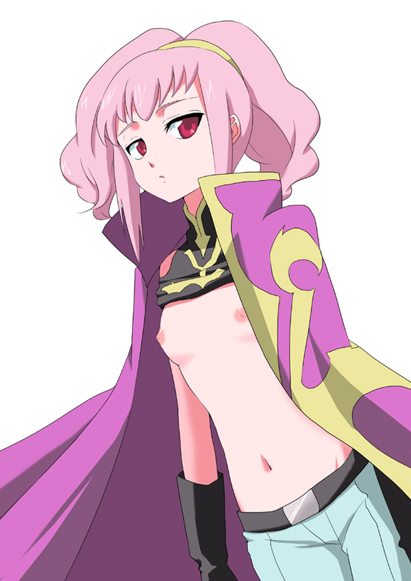 1girls anya_alstreim breasts cape code_geass female female_only gloves hairband ica inaka navel nipples pink_eyes pink_hair red_eyes shirt_lift shorts solo