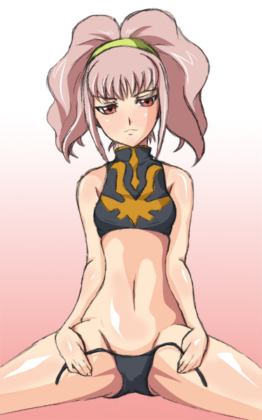 1girls anya_alstreim blush code_geass female female_only junkin midriff navel panties pink_hair red_eyes side-tie_panties sitting solo spread_legs tank_top underwear