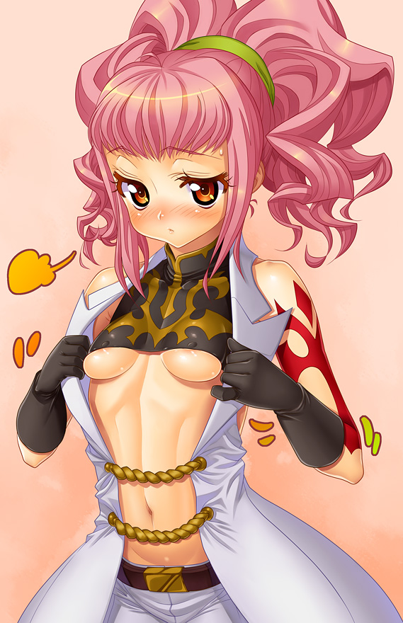 1girls anya_alstreim areola areolae blush breasts code_geass erect_nipples female female_only flat_chest gloves kink_(tortoiseshell) midriff orange_eyes pink_hair solo underboob