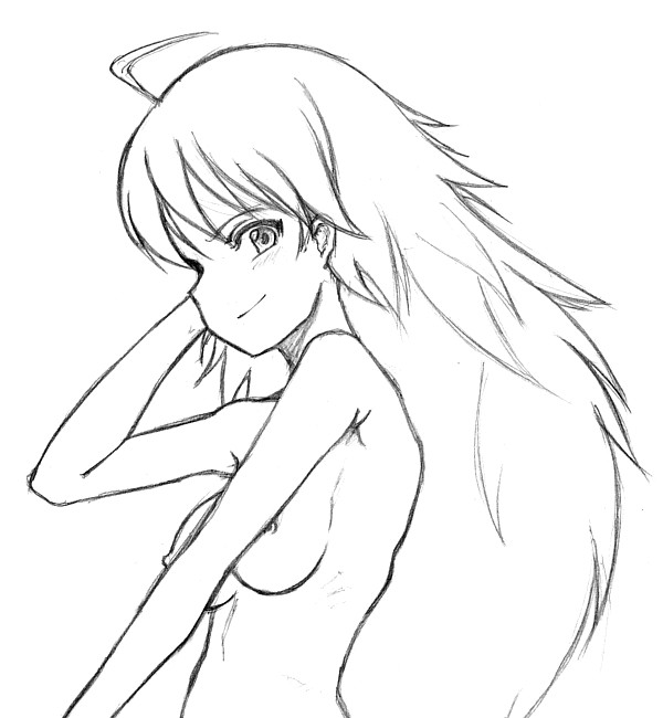 1girls ahoge breasts female hoshii_miki idolmaster long_hair monochrome nude sketch solo tanaka_tanishi