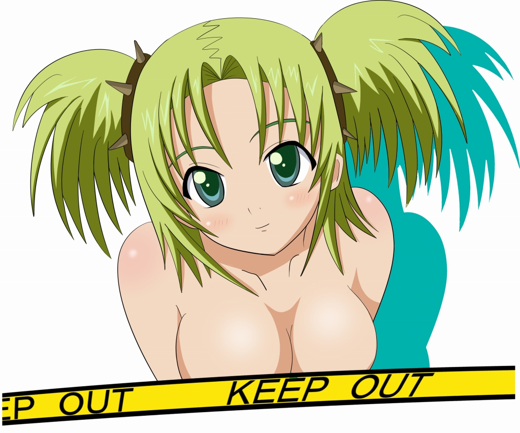 breasts caution_tape censored cleavage droite_(tales) green_eyes green_hair keep_out mametti short_hair tales_of_(series) tales_of_vesperia topless