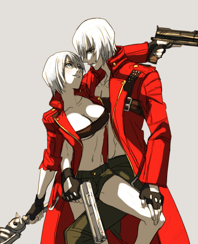 1boy 1girls bare_legs belt beltbra between_legs blue_eyes breasts capcom cleavage curvy dante devil_may_cry devil_may_cry_3 female genderbend genderswap gloves gun hotpants jacket large_breasts leg_lift legs looking_up male male_with_female muscular_male rule_63 selfcest smiling stomach straight sword white_hair