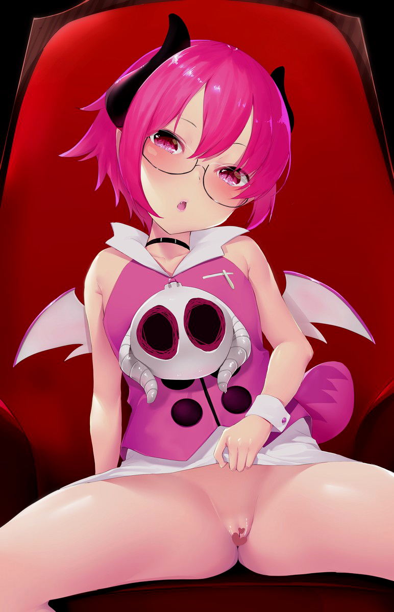 armchair bangs bare_shoulders black-framed_eyewear blush censored chair curled_horns demon_girl demon_horns demon_wings disgaea disgaea_3 female glasses hair_between_eyes head_tilt heart heart_censor highres horns lifted_by_self mini_wings nippon_ichi_software no_panties oerba_yun_fang on_chair parted_lips pink_hair pink_shirt purple_eyes pussy raspberyl ratsuku_kinoko semi-rimless_eyewear shirt short_hair sitting skirt skirt_lift sleeveless sleeveless_shirt solo spread_legs under-rim_eyewear white_skirt white_wings wings wrist_cuffs