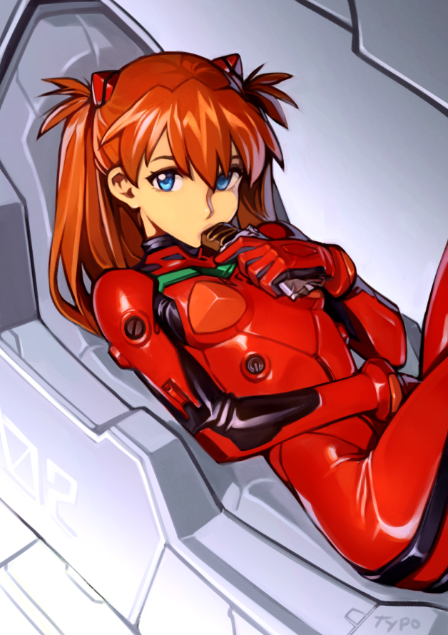 1girls asuka_langley_sohryu blue_eyes bodysuit breasts candy chocolate clothes clothing cockpit eating entry_plug female female_only food human latex looking_at_viewer mouth_hold neon_genesis_evangelion on_back optionaltypo orange_hair pilot_suit plugsuit red_hair skin_tight solo