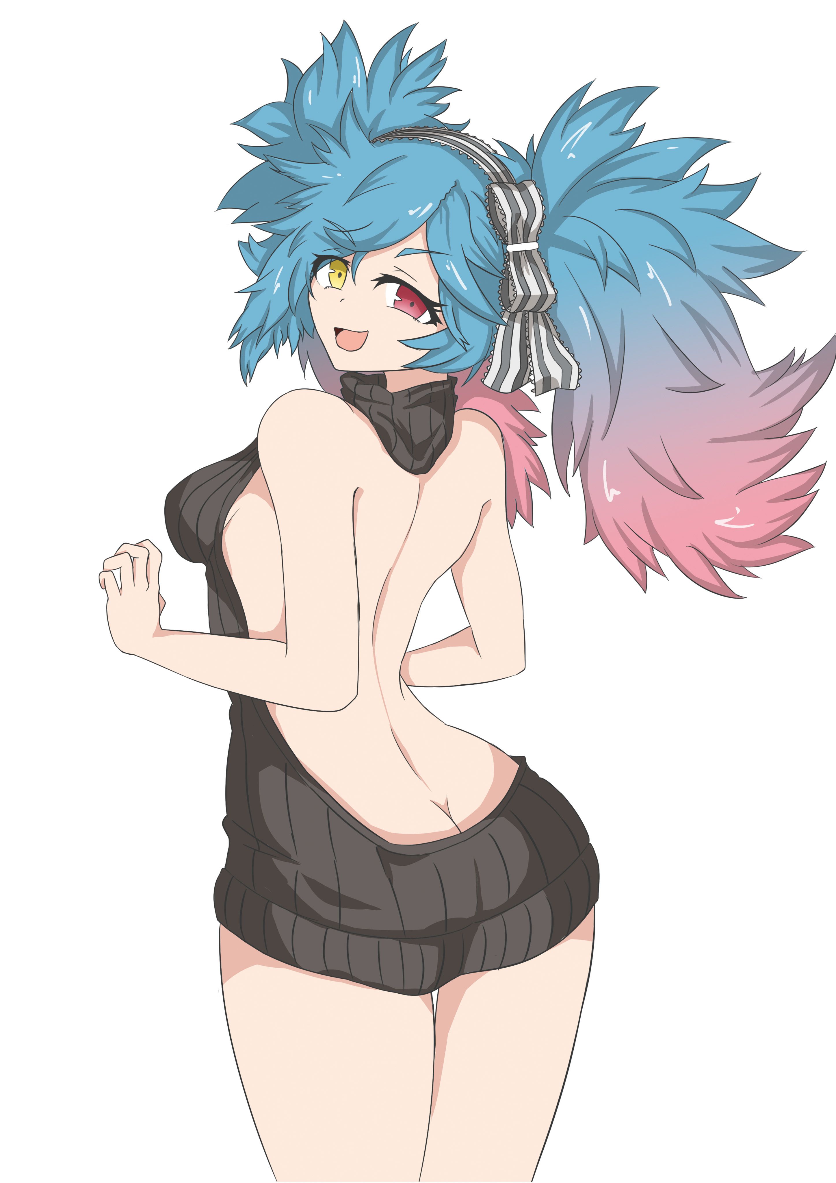 1girls, absurdres, ass, ass cleavage, ass crack, back, back view, bare back, bare shoulders, blue hair, breasts, butt crack, female, female only, fire emblem, fire emblem fates, gradient hair, heterochromia, highres, looking at viewer, looking back, medium breasts, meme attire, multicolored hair, nintendo, open mouth, peri (fire emblem), pink hair, red eye, red eyes, ribbon, smile, solo, sweater, tsunaragi (731), twintails, two-tone hair, upper body, virgin killer sweater, yellow eye, yellow eyes