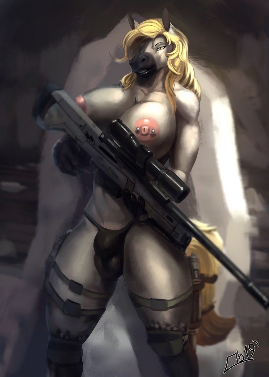 1futa 2019 anthro big_breasts breasts bulge clothed clothing curvaceous dickgirl equid equine futa_only futanari gun hi_res horse intersex mammal nipple_piercing nipples obaum piercing ranged_weapon rifle sniper_rifle solo standing thick_thighs topless underwear weapon