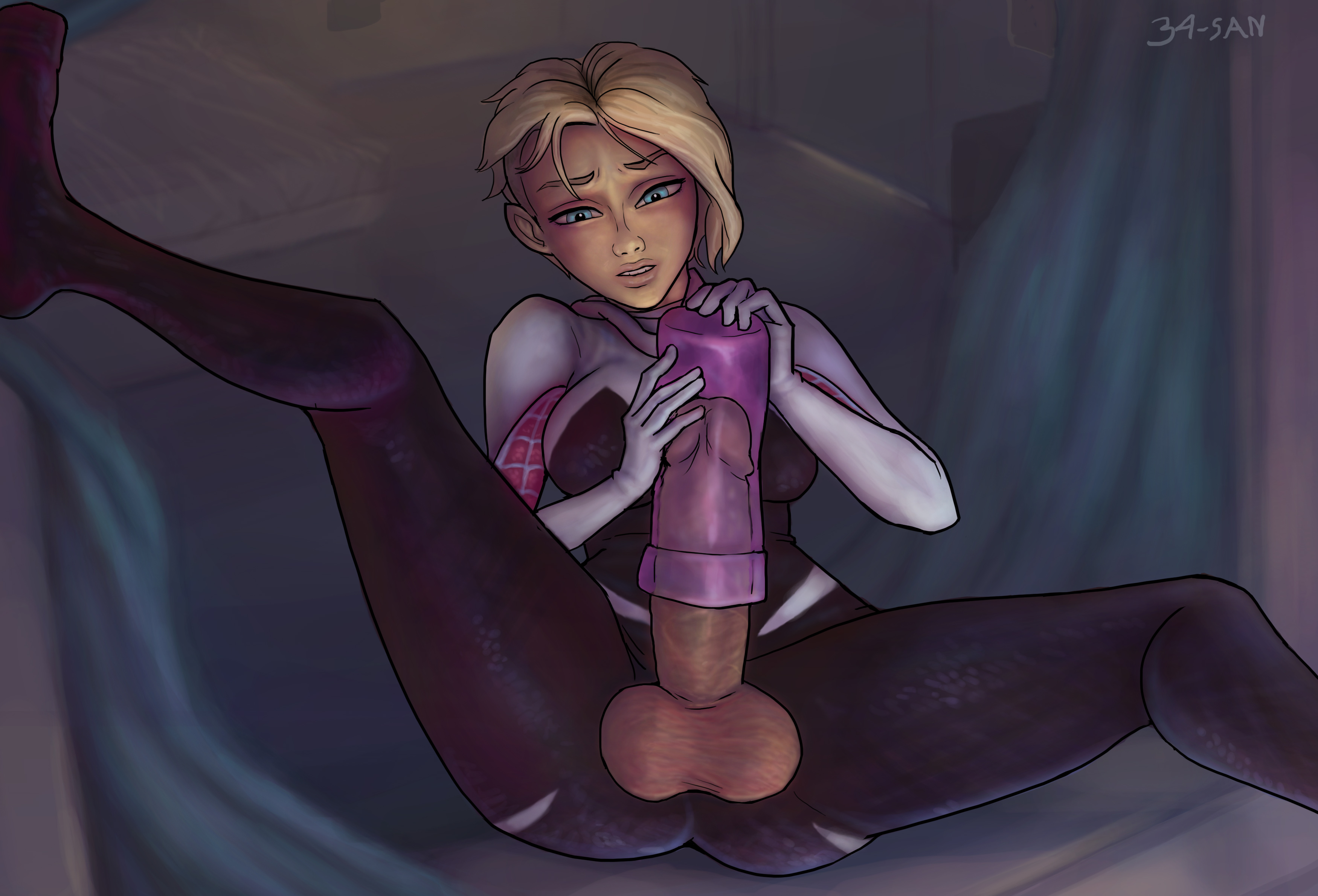 1futa, 34-san, artificial vagina, artist name, balls, blonde hair, blue eyes, breasts, crotchless, curvy, erection, futa only, futanari, gwen stacy, gwen stacy (spider-verse), huge penis, intersex, large balls, large breasts, legs spread, marvel, marvel comics, masturbation, no panties, onahole, penis, penis out, sex toy, solo, spider-gwen, spider-man (series), spider-man: into the spider-verse, spread legs, superheroine