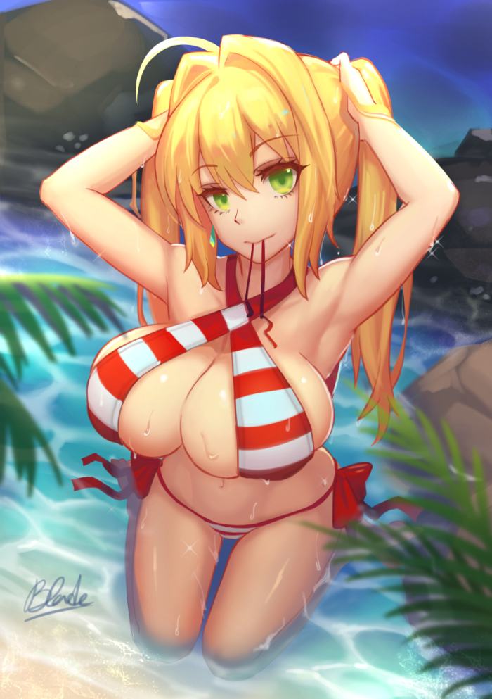 1girls, armpits, big breasts, bikini, blonde hair, breasts, fate (series), fate/grand order, female, female only, green eyes, large breasts, looking at viewer, nero claudius (fate), nero claudius (swimsuit caster), qblade, solo