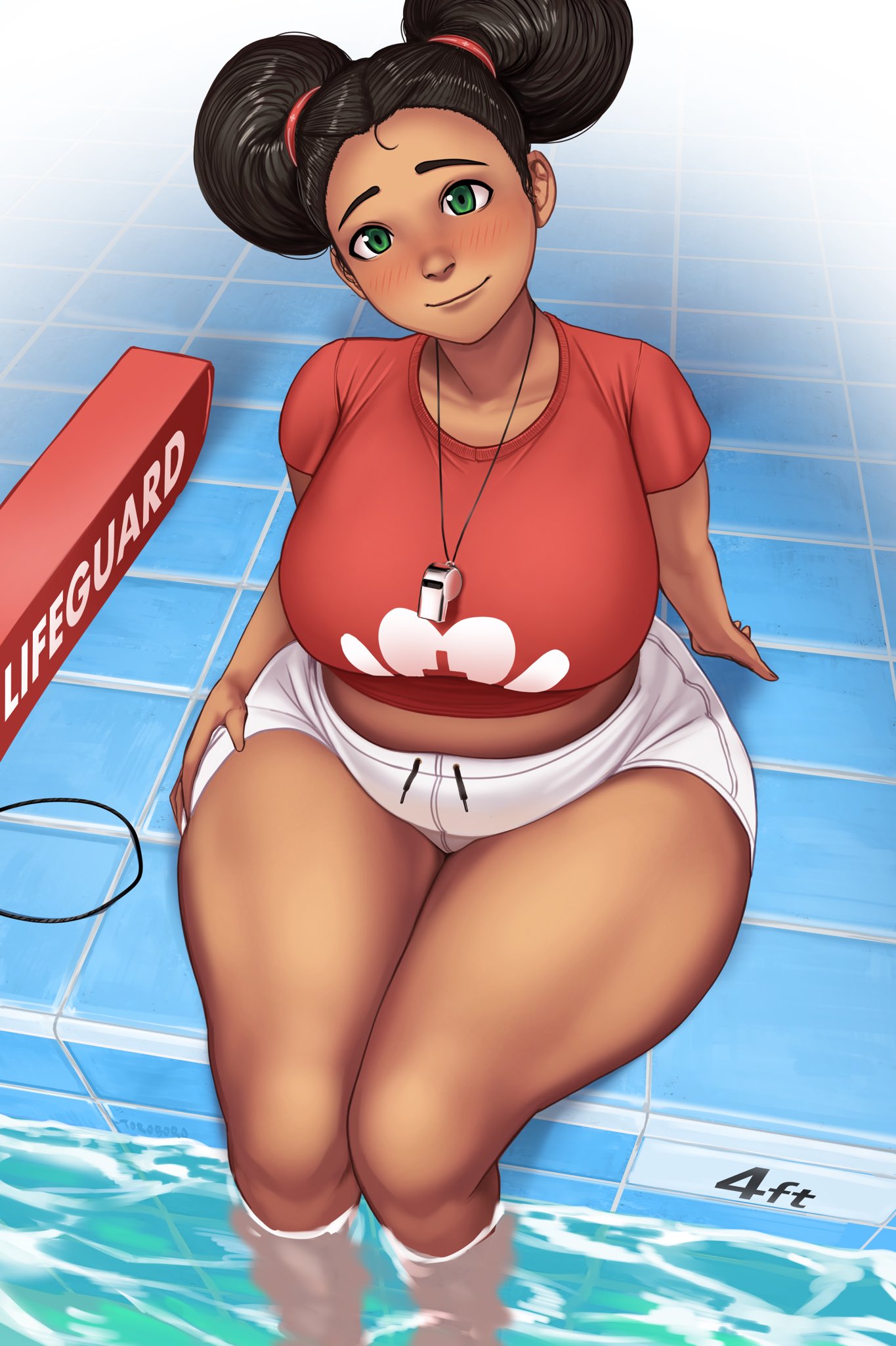 bbw chubby dark-skinned_female dark_skin feet_in_water female female_only lifeguard rescue_buoy shorts solo thick_thighs toroboro