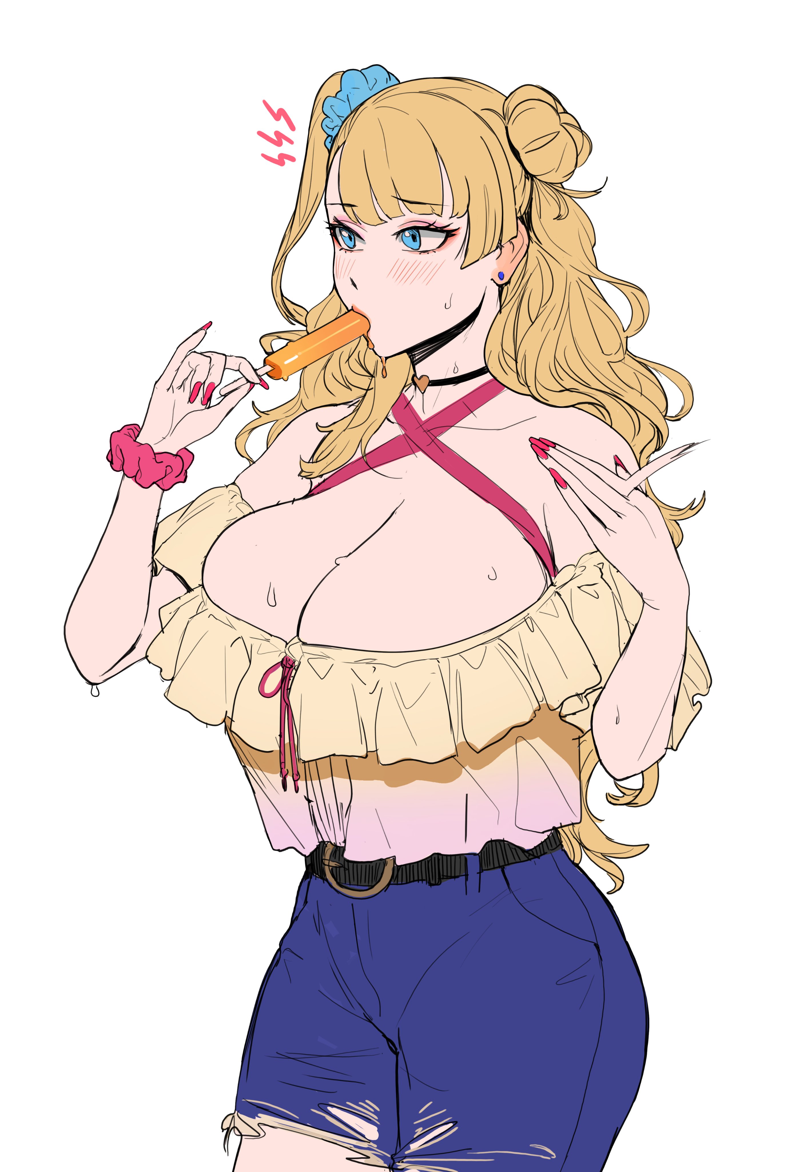 1girls, absurdres, big breasts, blonde hair, blue eyes, breasts, cleavage, earrings, female, female only, food, frilly, galko, gyaru, highres, huge breasts, human, human only, ice cream, jean shorts, jewelry, long hair, nail polish, one side up, oshiete! galko-chan, pants, shorts, side bun, simple background, sohn woohyoung, solo, solo female, sweat, sweating, white background