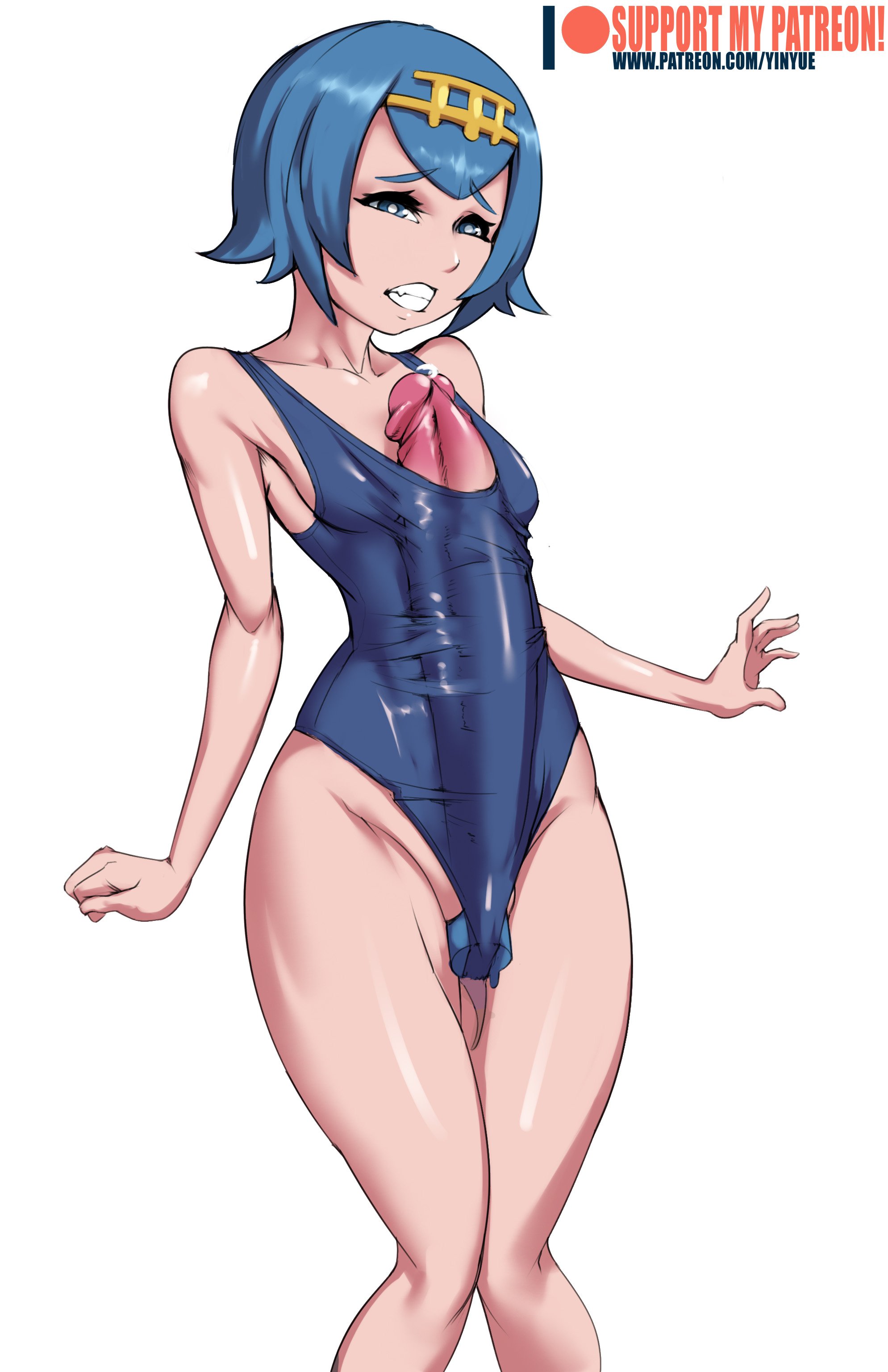 1futa, autopaizuri, autopaizuri under clothes, blue eyes, blue hair, breasts, bulge, clenched teeth, curvy, dildo, erection, erection under clothes, eyelashes, futa only, futa sans balls, futanari, hairband, half-closed eyes, human, hyper, hyper penis, insertion, intersex, knees together, lana (pokemon), long penis, masturbation, nintendo, one-piece swimsuit, paizuri, paizuri under clothes, penis, penis under clothes, pokemon, pokemon sm, precum, pussy, sex toy, short hair, small breasts, solo, standing, swimsuit, teeth, text, thick penis, tight clothing, url, watermark, wide hips, yinyue