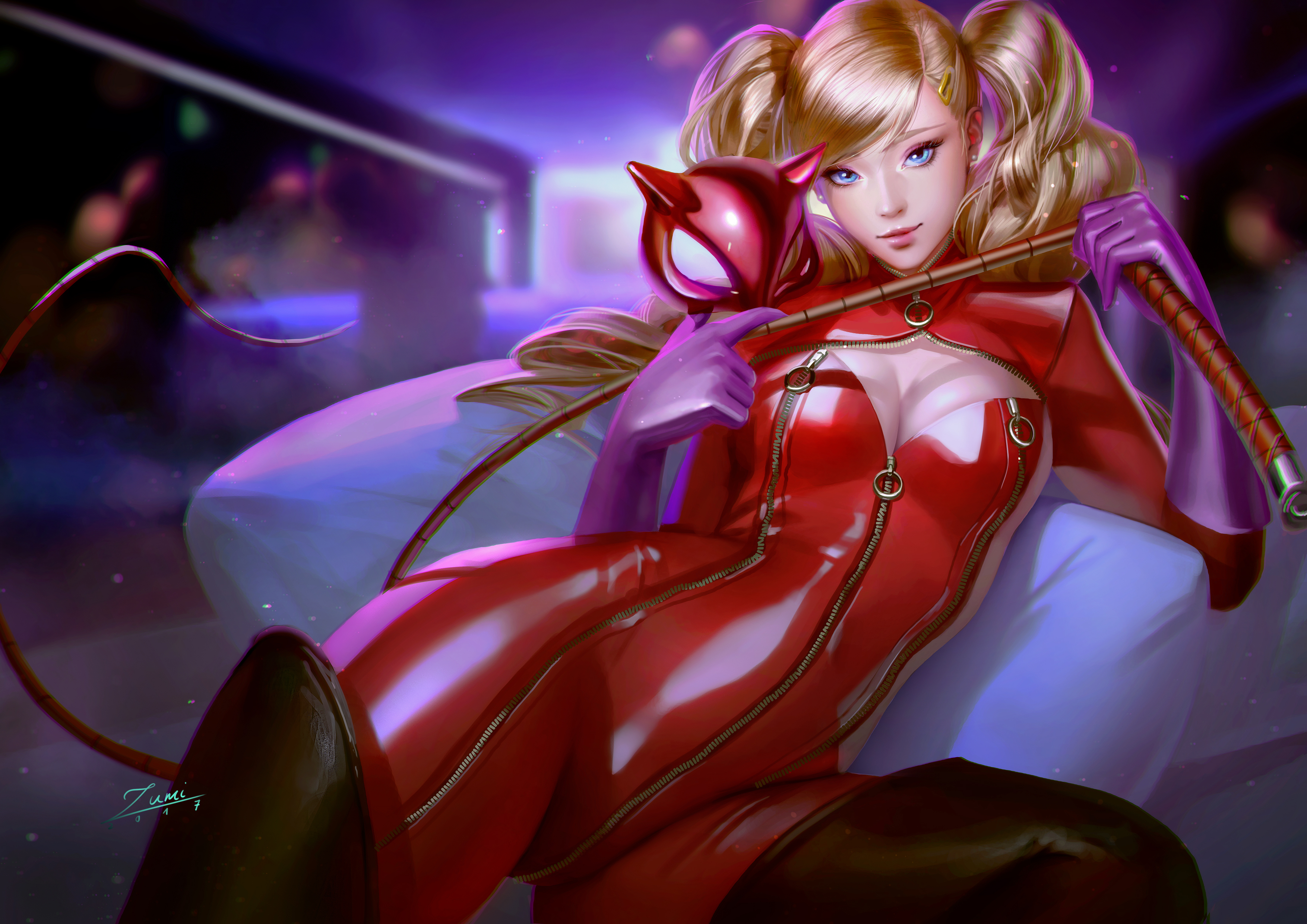 1girls, 2017, absurd res, ann takamaki, atlus, blonde, blonde hair, blue eyes, bodysuit, breasts, cat mask, cleavage, color, curly hair, earrings, female, hair ornament, hairclip, high resolution, highres, human, jewelry, latex, latex suit, looking at viewer, mask, mask removed, megami tensei, pale skin, persona, persona 5, phantom thief suit, piercing, reclining, red suit, sega, smile, solo, spandex, thighhighs, tied hair, tight clothes, tight clothing, twintails, whip, zipper, zipper pull tab, zumi