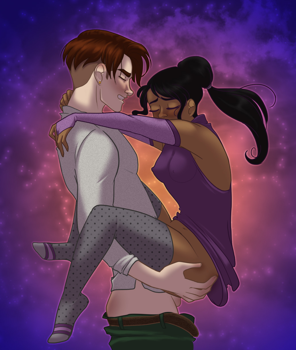 1boy 1girls ambiguous_penetration arms_around_neck ass_grab black_hair blush clenched_teeth closed_eyes clothed_sex clothing dark-skinned_female dark_skin disney female hair_up halterneck implied_penetration implied_sex interracial jim_hawkins leg_grab lifting light-skinned_male light_skin long_ponytail looking_pleasured male medium_breasts musashden navel nipple_bulge nipples_visible_through_clothing no_bra pants_down pleasure_face pokies polka_dot ponytail sex side_view stand_and_carry_position standing standing_sex straight testicles thighhighs tied_hair treasure_planet undercut white_skin