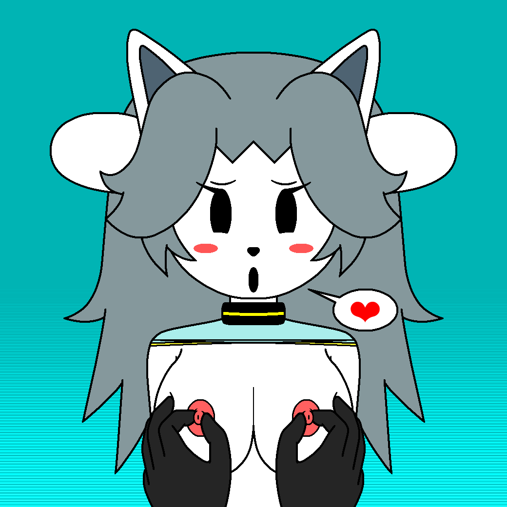 anthro black_eyes black_nose blush breasts clothing collar darkshadow female fur grey_hair hair mammal nipples open_mouth simple_background tem temmie_(undertale) undertale video_games white_fur