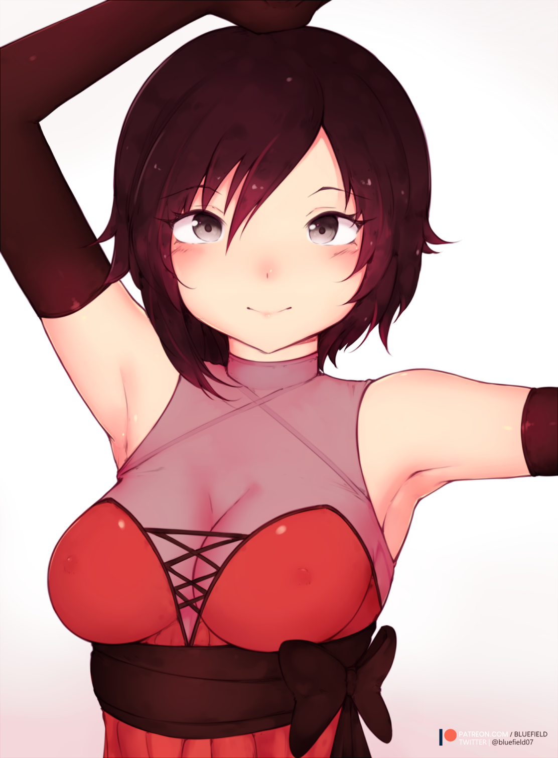1girls, armpits, bluefield, blush, breasts, cleavage, female, female only, large breasts, looking at viewer, red hair, ruby rose, rwby, short hair, silver eyes, solo