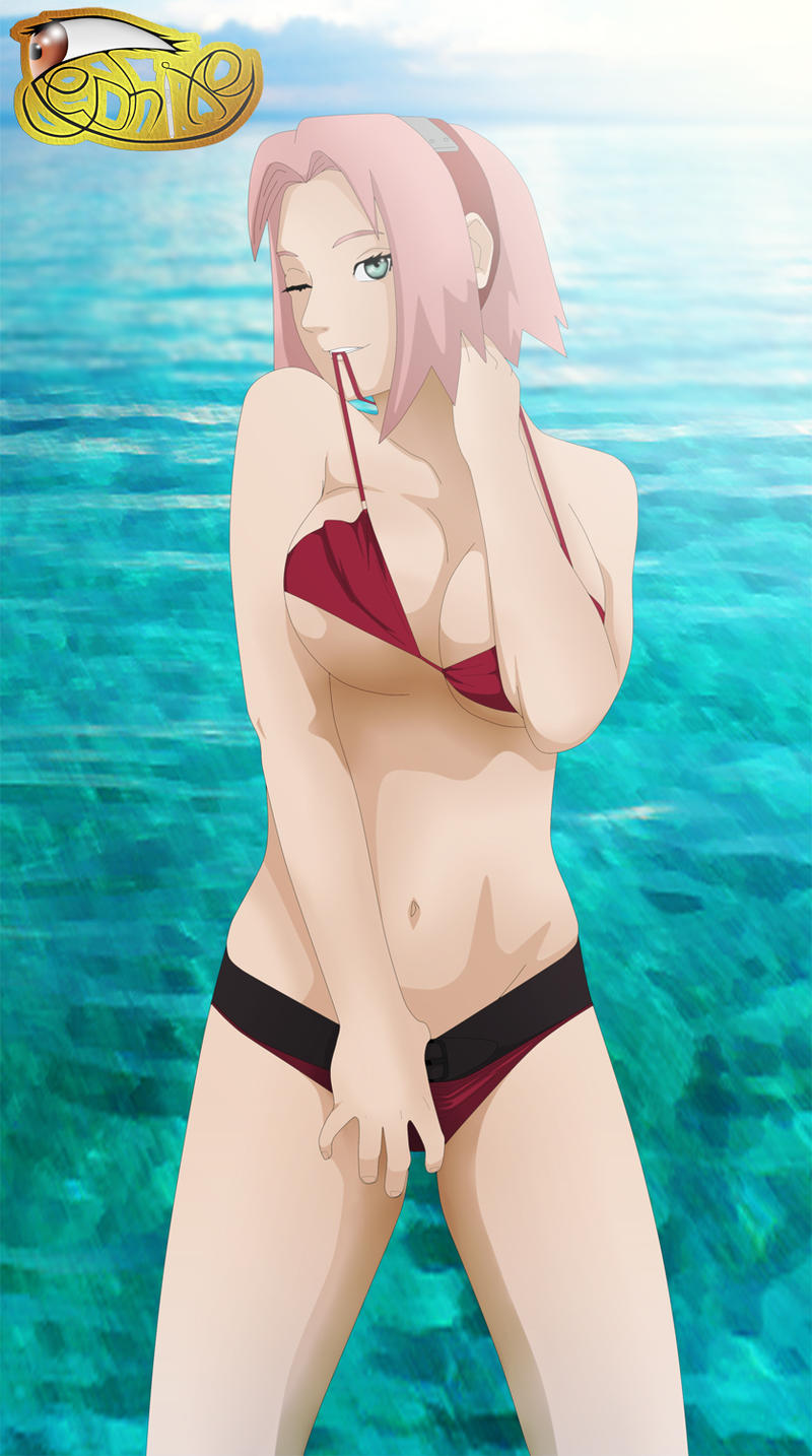 1girls, bikini, bikini tug, breasts, cleavage, clothed, female, female only, green eyes, hairband, human, large breasts, looking at viewer, mouth hold, naruto, naruto (series), naruto shippuden, navel, outdoors, pink hair, posing, red bikini, sakura haruno, seductive, short hair, signature, solo, standing, underboob, water, watermark, wink, zephixe