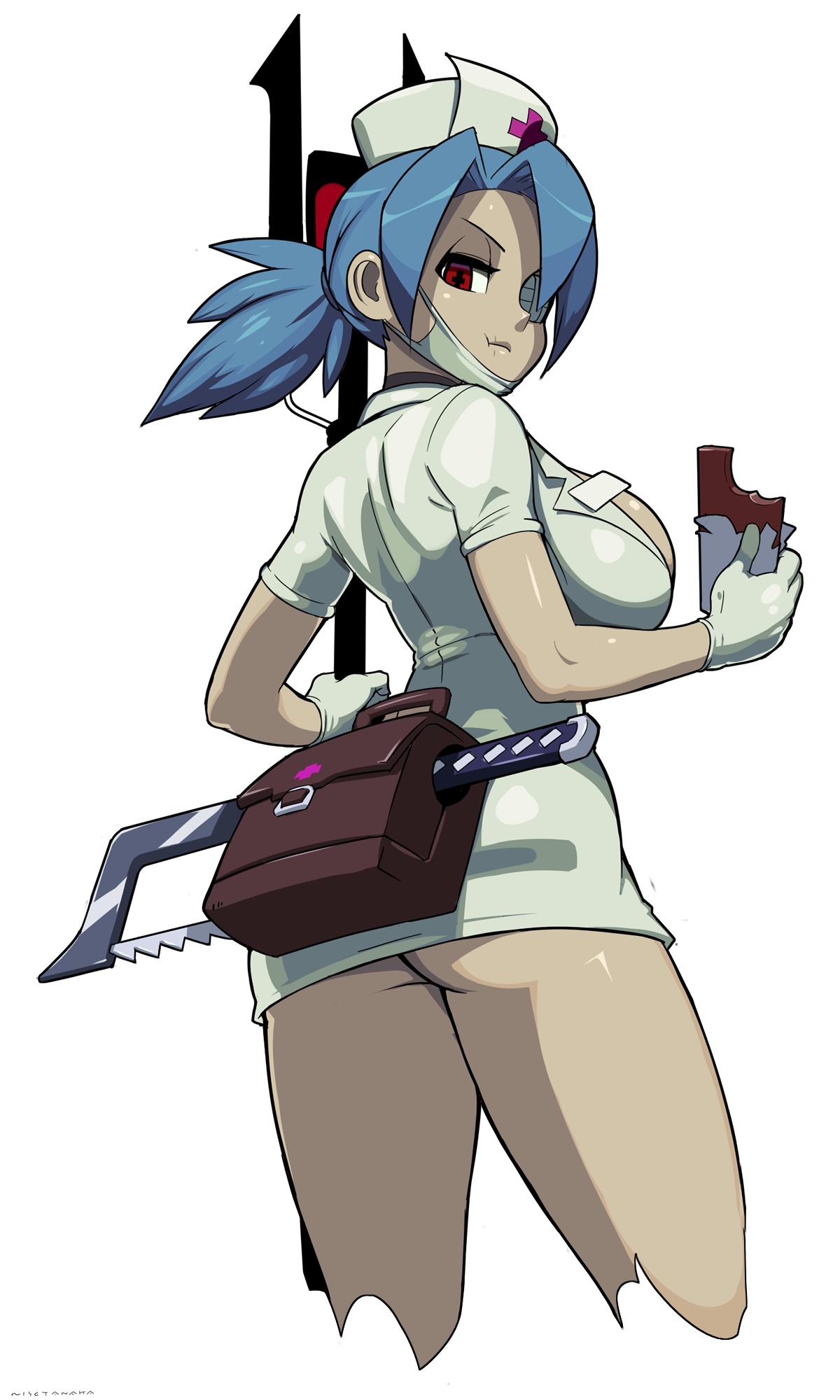 ass, breasts, chocolate, docter, female, grey skin, nurse, skullgirls, valentine (skullgirls)