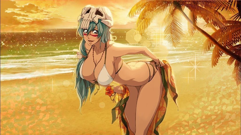 ass, beach, big ass, big breasts, bikini, bleach, breasts, curvy, female, female only, green hair, nelliel tu odelschwanck, palm tree, smile, solo, tagme, thick thighs
