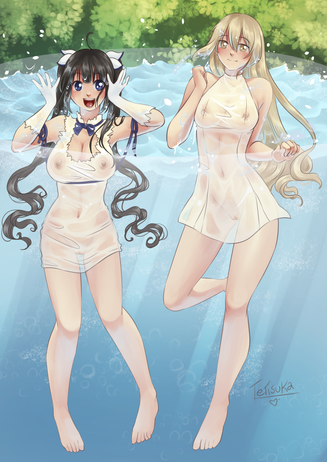 2girls aiz_wallenstein areolae artist_name barefoot big_breasts black_hair blonde_hair blue_eyes breasts cleavage clothing dress dungeon_ni_deai_wo_motomeru_no_wa_machigatteiru_darou_ka feet female female_only gloves gold_eyes hair hestia_(danmachi) long_hair multiple_girls nipples nipples_visible_through_clothing no_bra no_panties pussy see-through signature tetisuka water wet