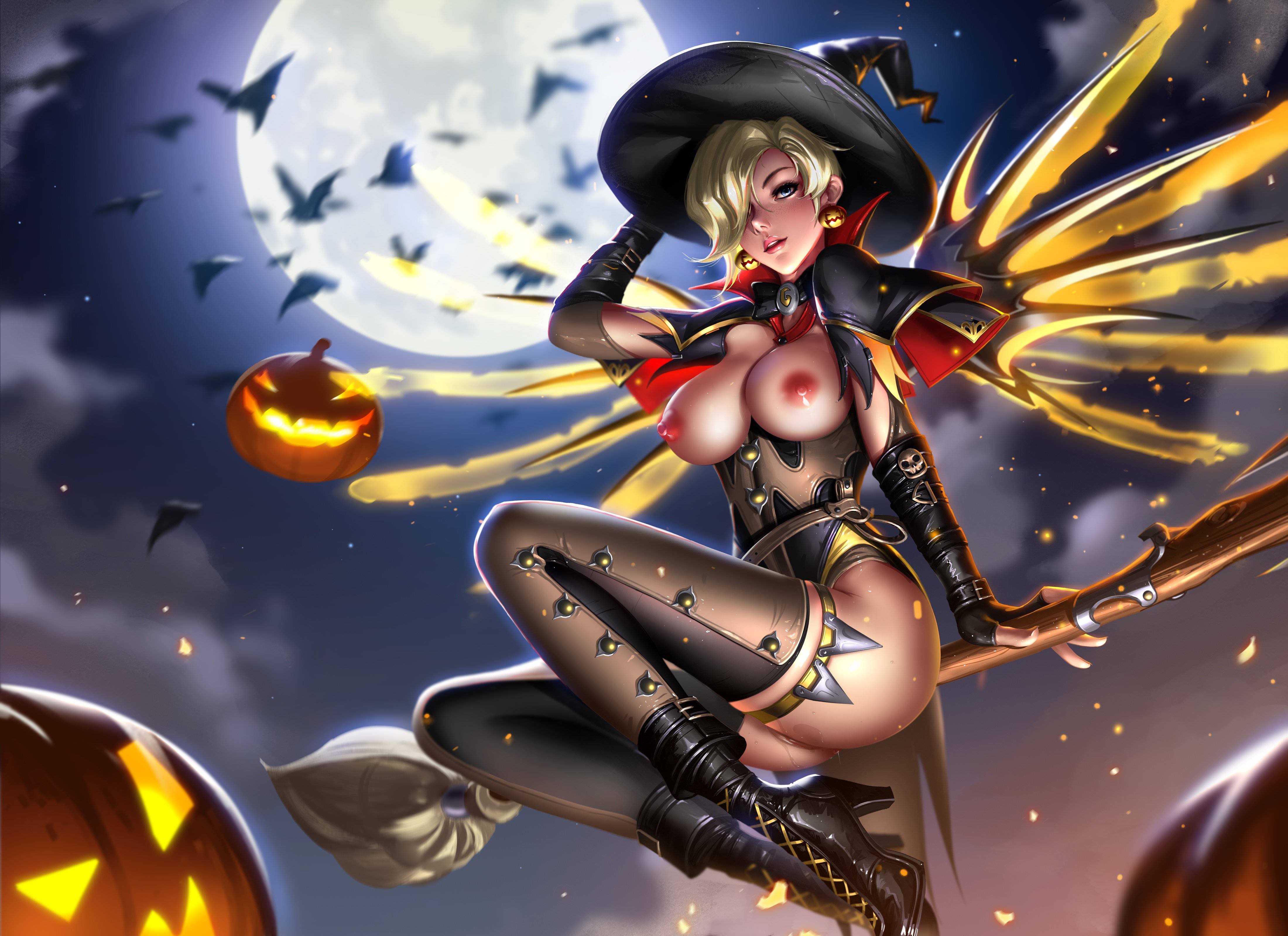 alternate costume, blizzard entertainment, blonde hair, blue eyes, boots, breasts, broom, broom riding, broomstick, female, freckles, halloween, liang xing, mechanical wings, mercy, overwatch, pussy, pussy juice, tied hair, wings, witch, witch hat, witch mercy