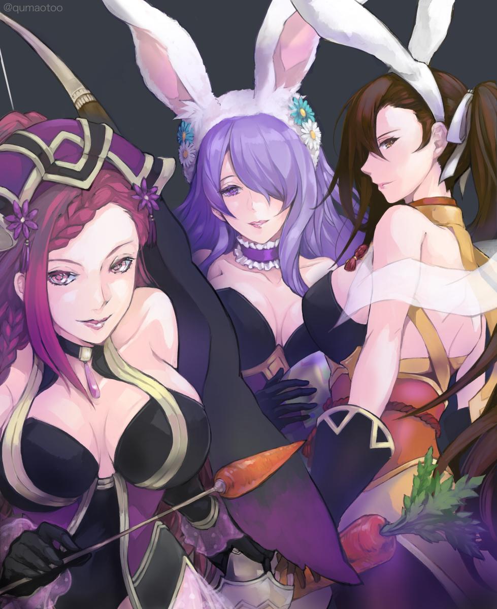 3girls animal_ears ass bare_shoulders braid breasts brown_eyes brown_hair bunny_ears bunnysuit camilla_(fire_emblem) camilla_(spring)_(fire_emblem) cleavage earrings female fire_emblem fire_emblem_fates fire_emblem_heroes gloves hair_over_one_eye high_resolution jewelry kagero_(fire_emblem) kagero_(spring)_(fire_emblem) large_breasts lips loki_(fire_emblem) loki_(spring)_(fire_emblem) long_hair looking_at_viewer multiple_girls pantyhose ponytail purple_eyes purple_hair qumaoto qumaotoo scarf simple_background smile tiara tied_hair very_long_hair wavy_hair