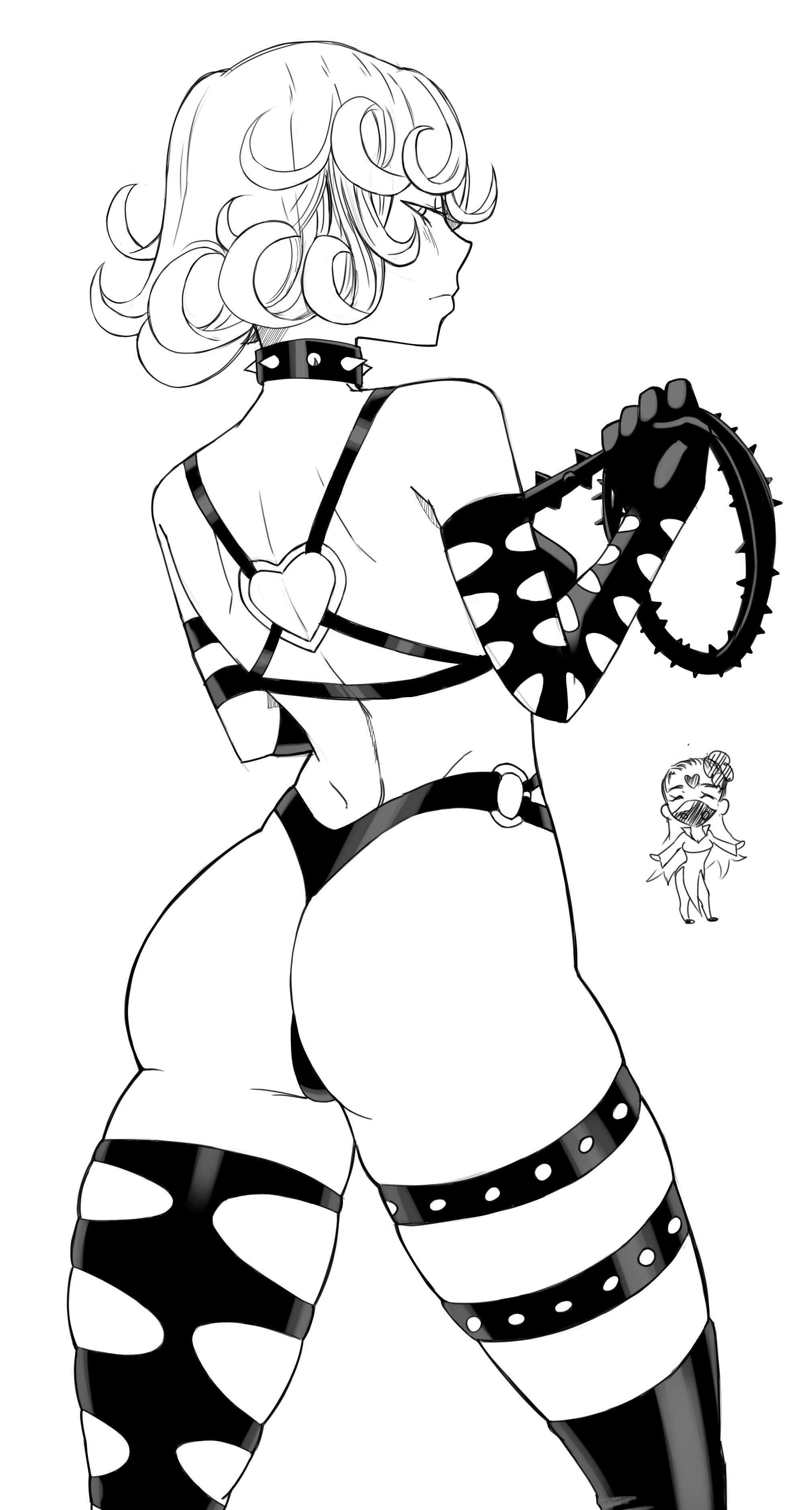 2girls, ass, big ass, blush, choker, dominatrix, female, gloves, heart, joylewds, kaijin hime do-s, kaijin hime do-s (cosplay), latex, monochrome, one-punch man, short hair, sketch, tatsumaki, thighs, whip, white background