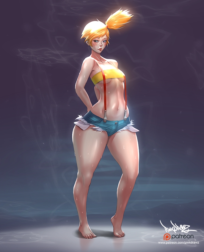 1girls, abs, alternate thigh size, armpits, ass, barefoot, belly, blue eyes, blush, breasts, cleavage, clothed, curvy, erect nipples, feet, female, female only, flat chest, flat chested, freckles, huge areolae, huge ass, human, human only, kasumi (pokemon), large ass, looking away, midriff, muscular, muscular female, navel, nipples, orange hair, pinkdrawz, pokemon, puffy nipples, red hair, red lips, shirt, shorts, small breasts, solo, standing, suspenders, sweat, tank top, thick ass, thick legs, thick lips, thick thighs, toes, underboob, voluptuous, wet, wide hips