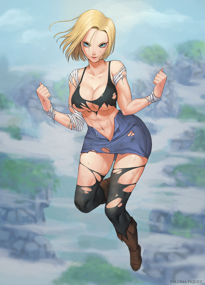 1girls, abs, alternate breast size, android 18, ass, blonde hair, blue eyes, boots, breasts, cameltoe, cleavage, curvy, dragon ball, erect nipples, female, flying, half-closed eyes, huge areolae, huge ass, huge breasts, looking at viewer, muscular, muscular female, nipples, paloma piquet, pose, puffy nipples, pussy, short hair, shounen jump, source request, text, thick lips, thick thighs, torn clothes, underboob, voluptuous, watermark, wide hips