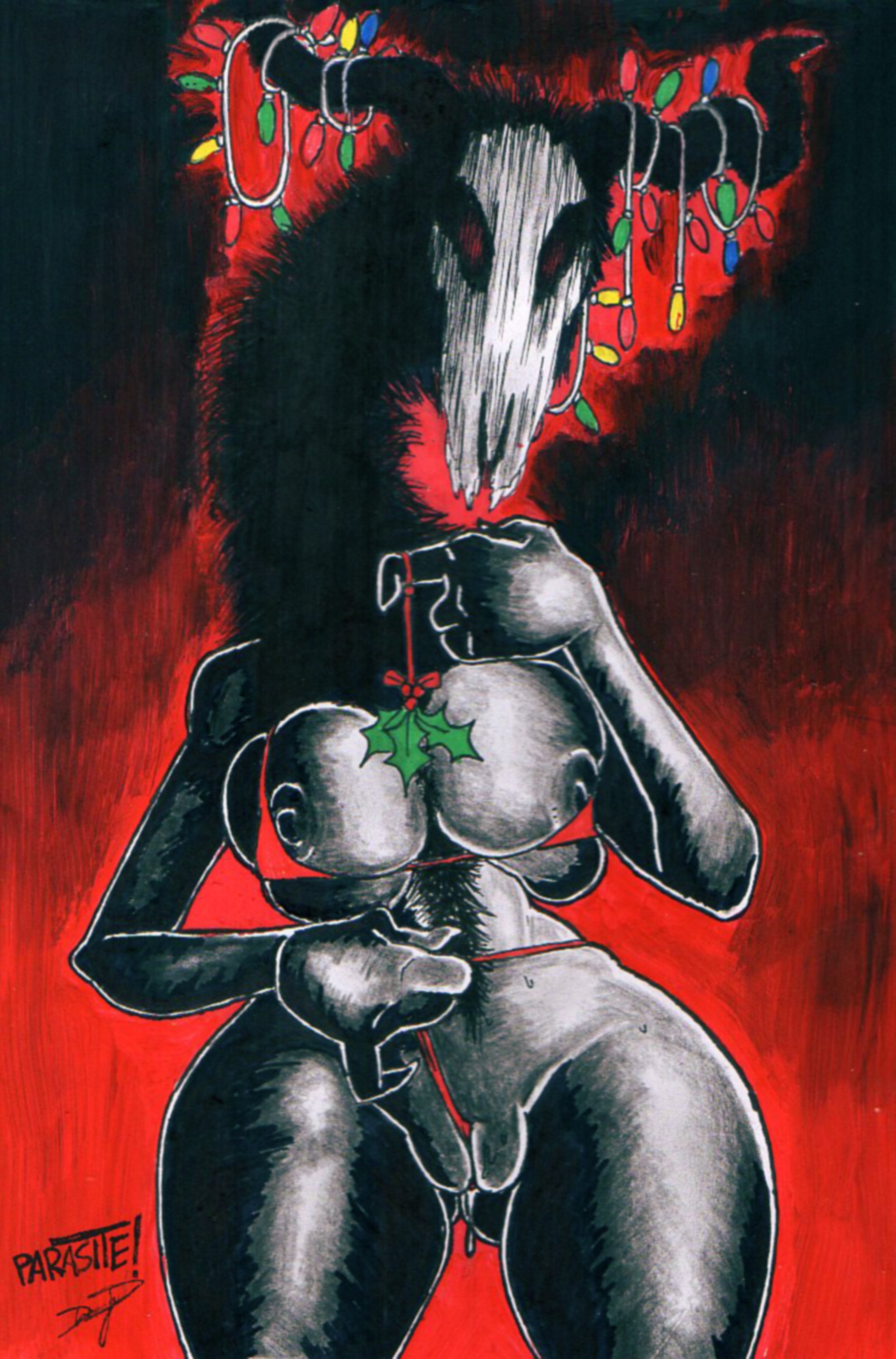2019, antlers, big breasts, bikini, black fur, black skin, breasts, christmas, christmas lights, demon, demon girl, female, female focus, female only, fur, hi res, highres, horns, long neck, looking at viewer, mistletoe, monster, monster girl, monster girl (genre), monstrous humanoid, nightmare fuel, nipples, original, parasitedeath, parasiteterror, presenting, pussy, pussy juice, red background, red bikini, red bra, red eyes, red hair, seductive, signature, skull, solo, teasing, teratophilia, text, thick thighs, undressing, vagina