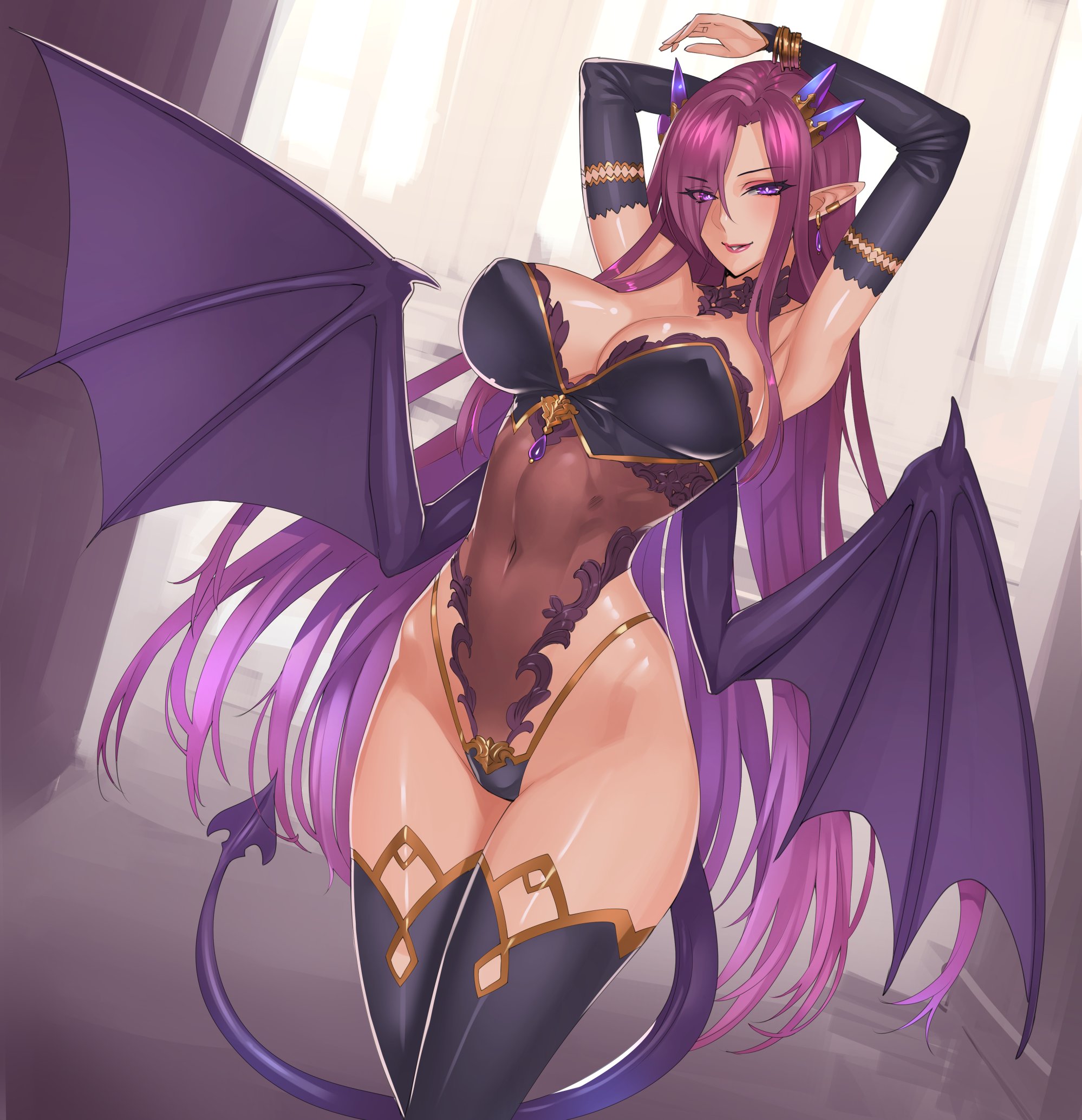 armpits, arms up, black gloves, black legwear, bracelet, breasts, bridal gauntlets, choker, cleavage, covered navel, curvaceous, damegane, demon, demon girl, demon tail, demon wings, dutch angle, earrings, elbow gloves, erect nipples, female, female only, fingerless gloves, full cleavage, gloves, hair ornament, hair over one eye, high resolution, highleg, highleg leotard, horns, jewelry, large breasts, legs, leotard, lips, long hair, mound of venus, navel, nipples, original, pantsu, parted lips, pointed ears, purple eyes, purple hair, purple wings, seductive, see-through, smile, smirk, solo, solo female, succubus, tail, thighhighs, thighs, toned, underwear, very long hair, wide hips, wings