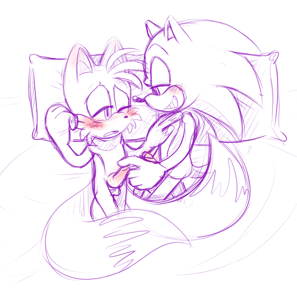 2boys anthro bed_sheet bedding blush canid canine dipstick_tail duo erection eulipotyphlan fox fur grin hedgehog male mammal multi_tail multicolored_tail penis pillow smile sonic_(series) sonic_the_hedgehog tails tongue tongue_out unbreakablebond video_games yaoi