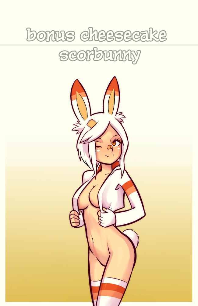 1girls band-aid belly bottomless bunny_ears bunny_tail cleavage female female_only humanized humanized_pokemon jopereira looking_at_viewer moemon navel nintendo one_eye_closed orange_eyes personification pokemon pokemon_ss scorbunny source_request text thick_thighs thighhighs white_border wide_hips wink yellow_background