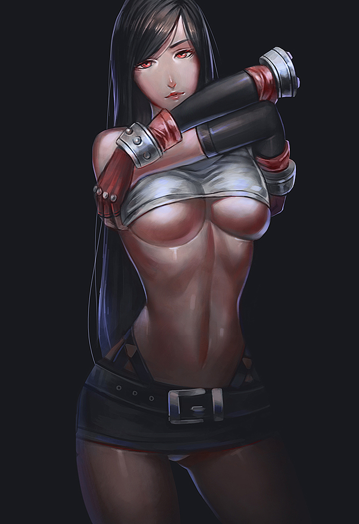 1girls, black hair, breasts, female, female only, final fantasy, final fantasy vii, large breasts, long hair, panties, pantyshot, red eyes, shirt lift, short skirt, skirt, solo, standing, tifa lockhart, underboob, undressing, unfairr