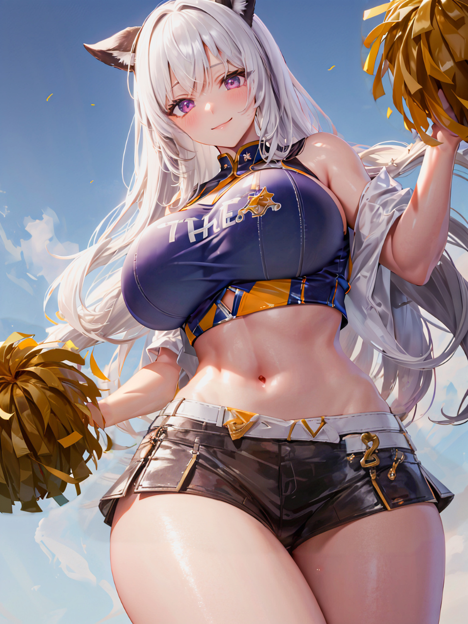1girls, ai generated, animal ears, cat ears, cat girl, catgirl, cheerleader, cheerleader uniform, curvy body, curvy female, curvy figure, female, female focus, female only, hi res, long hair, milf, myrr, seductive look, stable diffusion, white hair