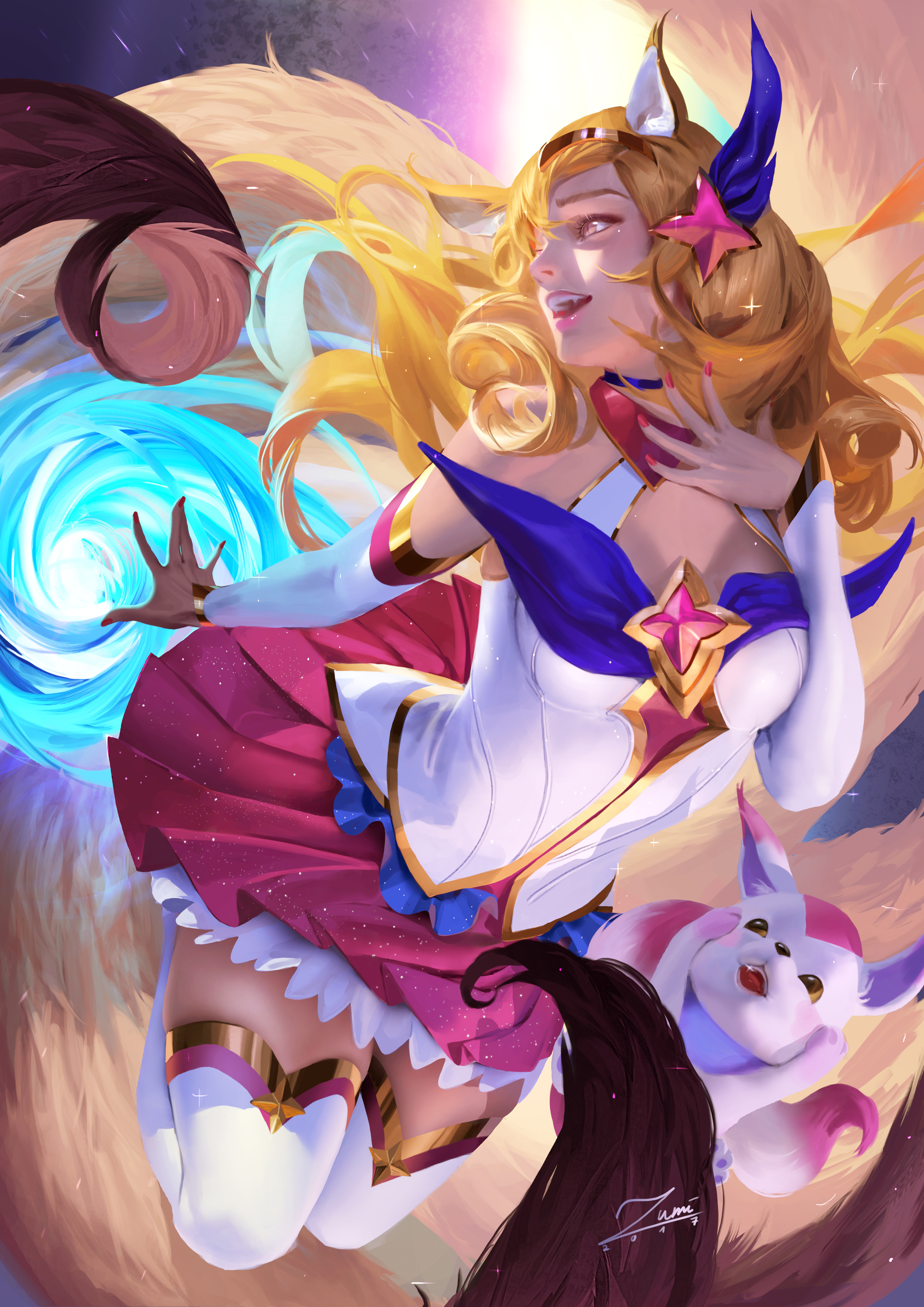 2017, absurd res, ahri, animal ears, animal tail, blonde hair, color, female, hair ornament, high resolution, highres, kitsune, league of legends, magical girl, smile, star guardian, star guardian ahri, star guardian series, thighhighs, zumi