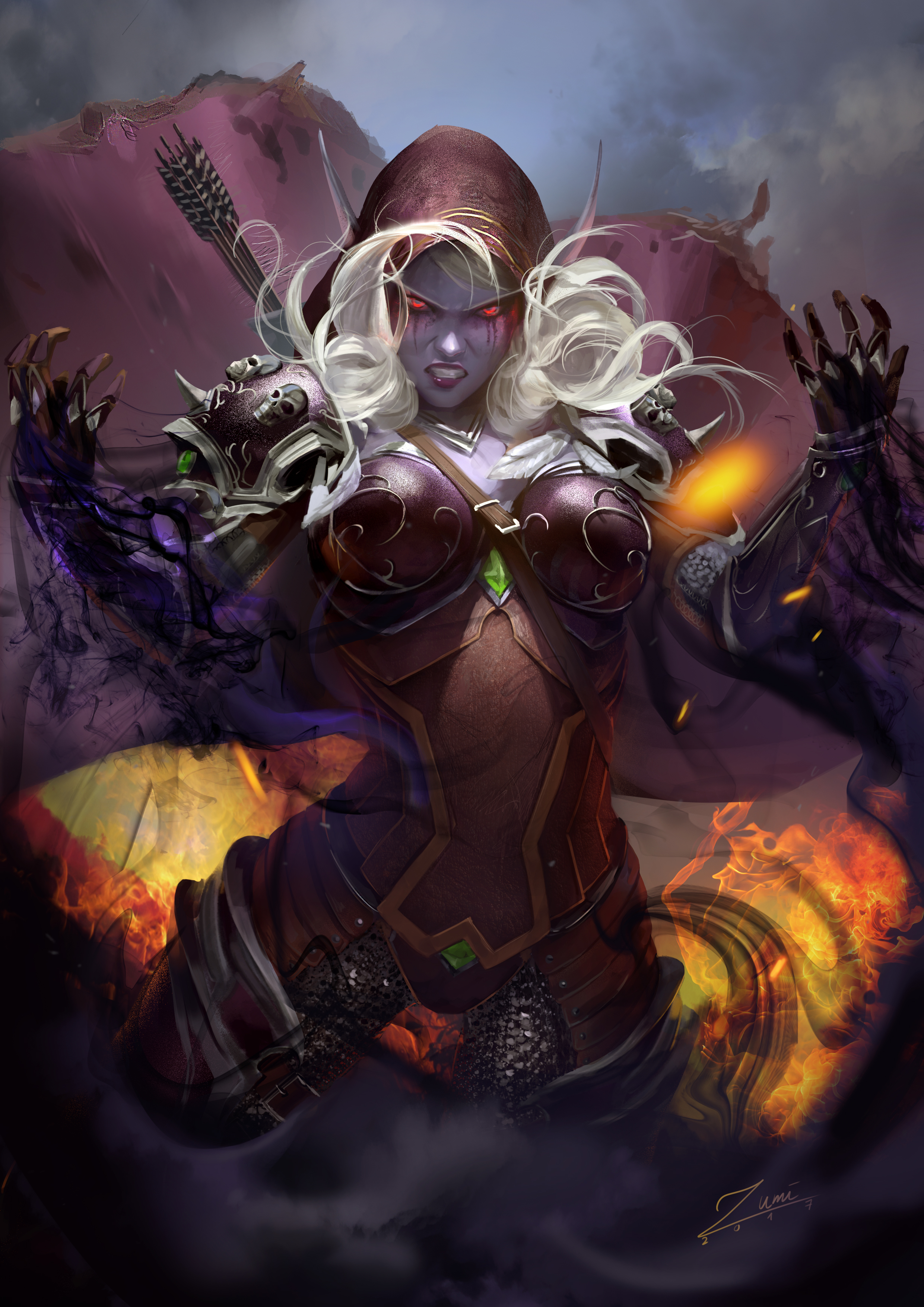 2017, absurd res, armor, armored dress, blizzard entertainment, breasts, color, female, high resolution, highres, realistic, red eyes, sylvanas windrunner, tagme, world of warcraft, zumi