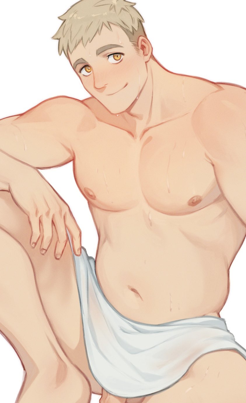 1boy bara blonde_hair brown_eyes closed_mouth dungeon_meshi erection highres laios_touden large_pectorals looking_at_viewer male_focus male_only mori_doremi muscular muscular_male naked_towel navel nipples pectorals penis short_hair simple_background smile solo towel white_background