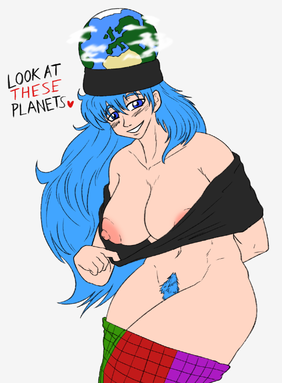 blue_eyes blue_hair bush hecatia_lapislazuli hecatia_lapislazuli_(earth) jogstash large_breasts nipples smile teasing text touhou undressing