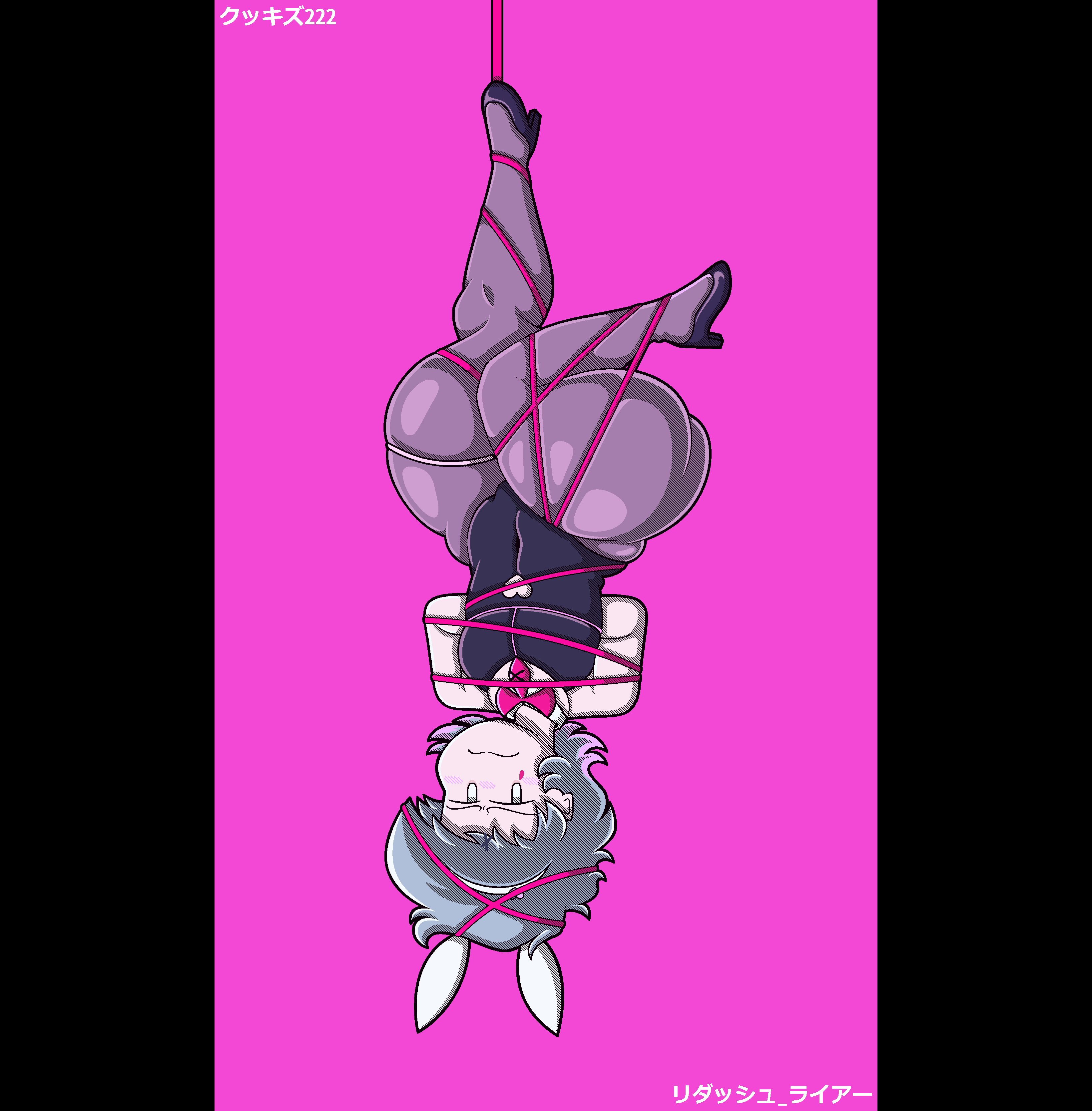 1boy, ass, blush, boyfriend (friday night funkin), bunnysuit, cookizzz222, dangling, femboy, friday night funkin, hatsune miku (cosplay), high heels, japanese text, male, rabbit ears, rabbit hole (vocaloid), rabbit tail, redash liar, secretly loves it, thick, thick ass, thick thighs, tied up, upside-down, vocaloid