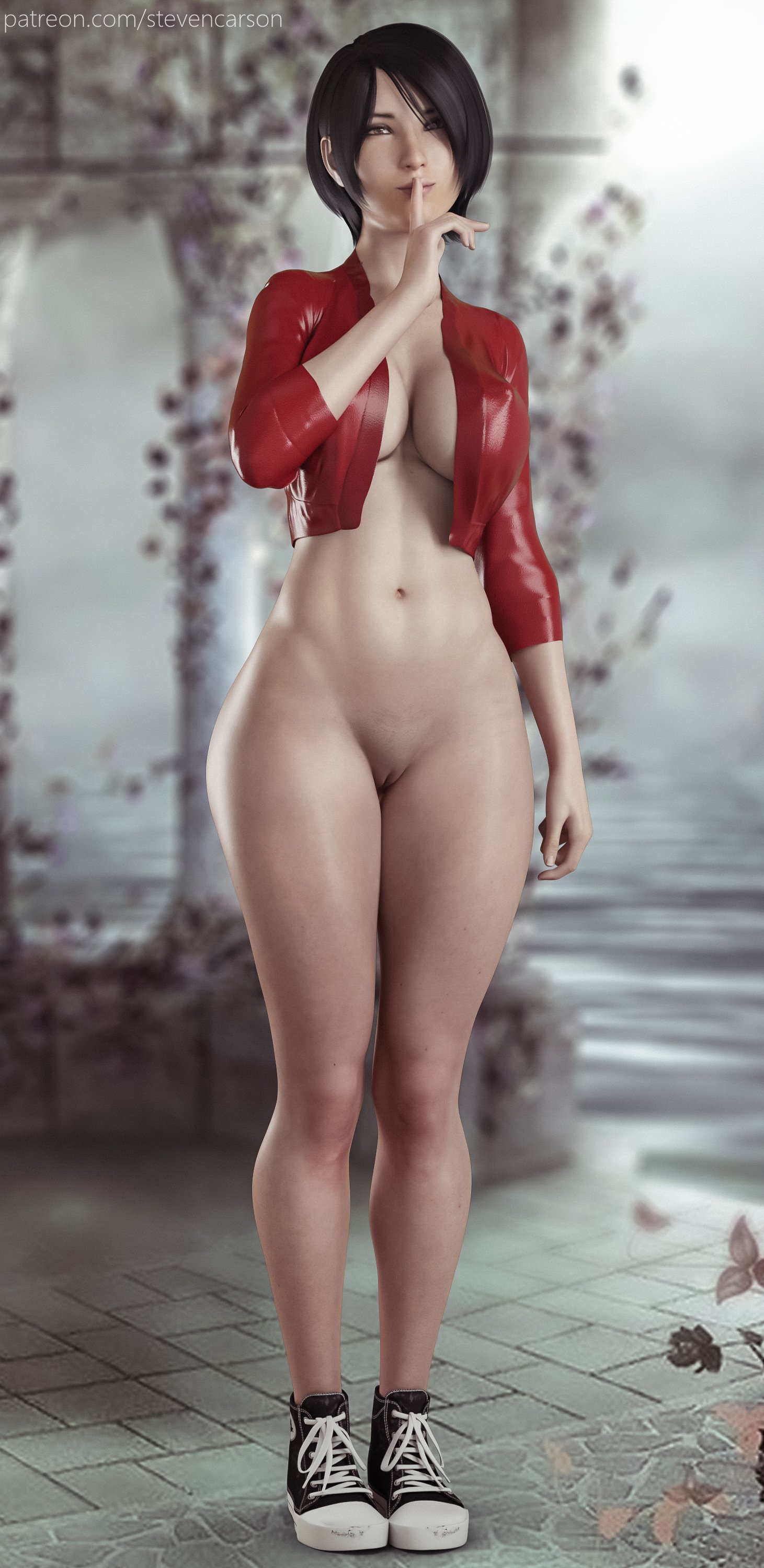 1girls, 3d, ada wong, ada wong (ty brenneman), asian, big breasts, bottomless, breasts, cleavage, female, female focus, female only, finger to mouth, full cleavage, large breasts, looking at viewer, pussy, resident evil, resident evil 2, shoes, short hair, shushing, smile, solo, stevencarson, wide hips