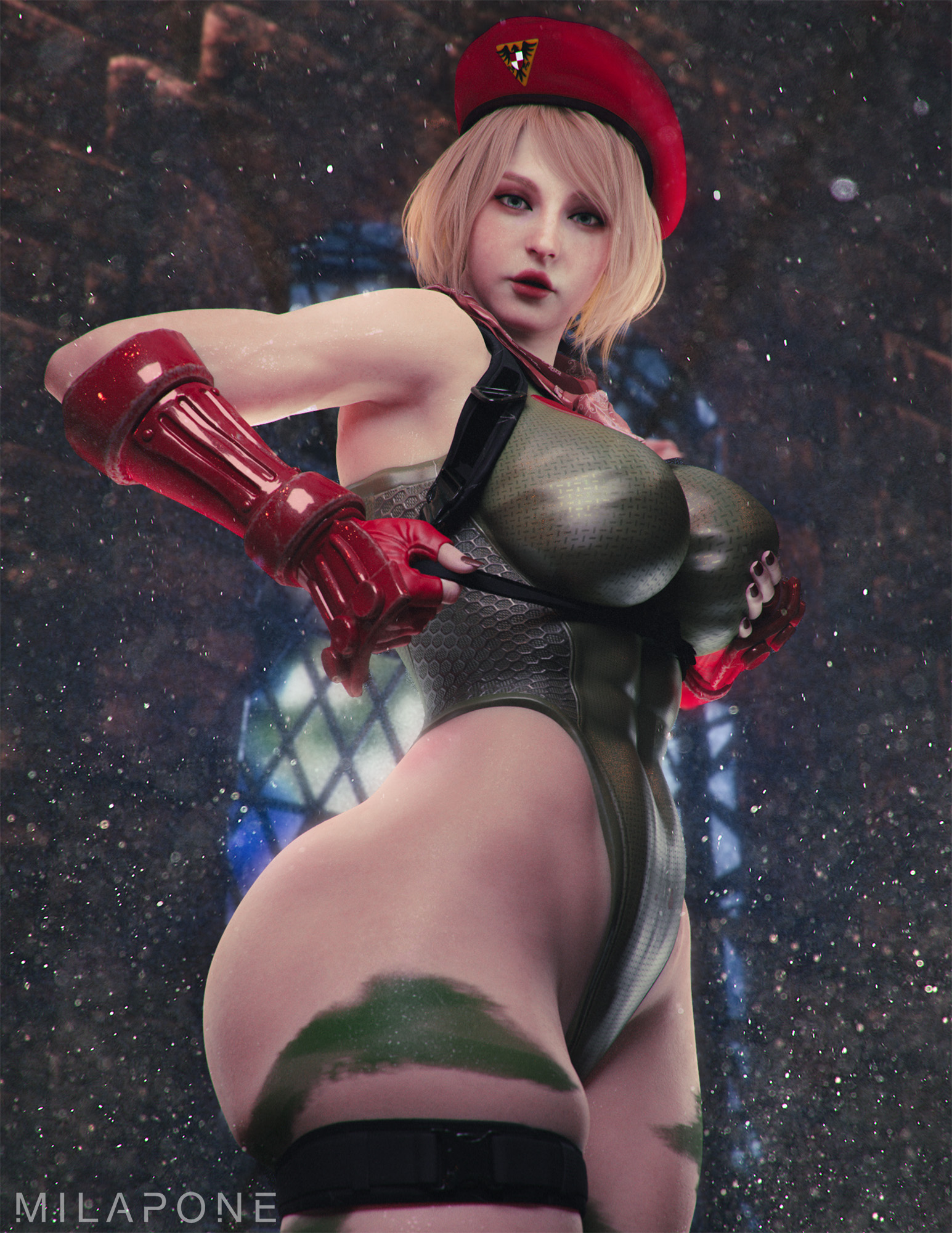 3d, ashley graham, ashley graham (ella freya), ass, beret, big ass, big breasts, blonde hair, breasts, busty, cammy white (cosplay), capcom, cosplay, female, female focus, female only, front view, green eyes, hourglass figure, leotard, milapone, resident evil, resident evil 4, resident evil 4 remake, short hair, street fighter, thick thighs, thong leotard, turtleneck sweater, wide hips