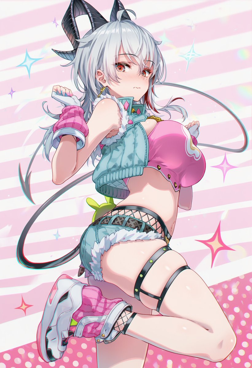 aesthetic background, ai generated, big breasts, breasts, cropped jacket, curvy female, curvy figure, cute expression, female, female focus, female only, raaicave, tennis shoes, white hair, wuthering waves, zani (wuthering waves)
