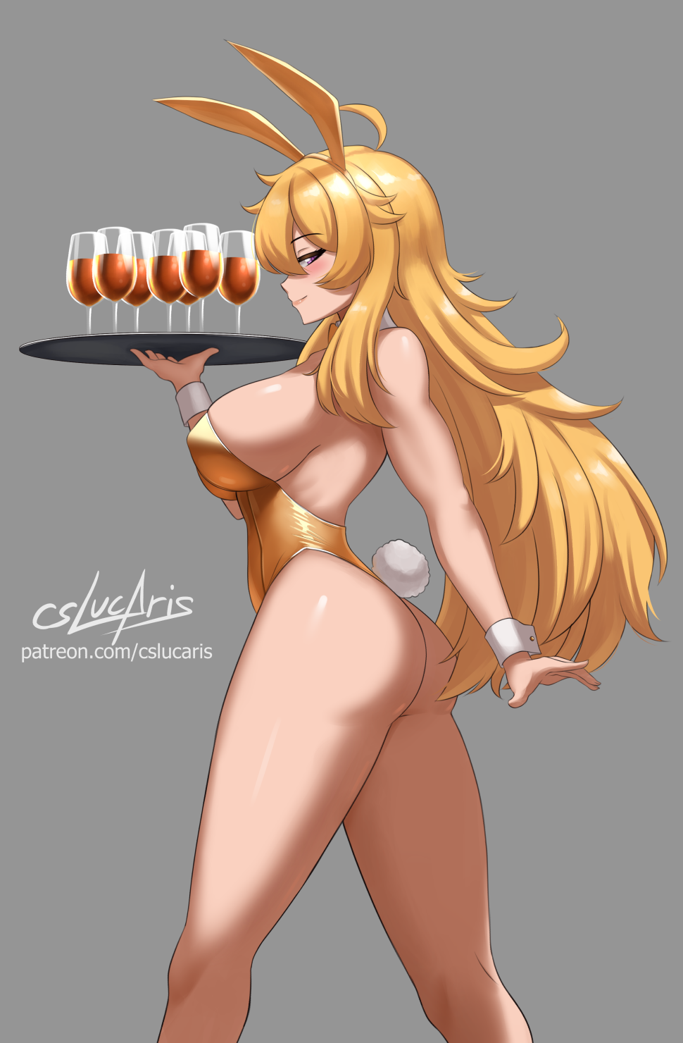 1girls ass blonde_female blonde_hair bunny_ears bunnysuit cslucaris half-dressed long_hair long_hair_female purple_eyes rwby showing_leg wine_glass yang_xiao_long