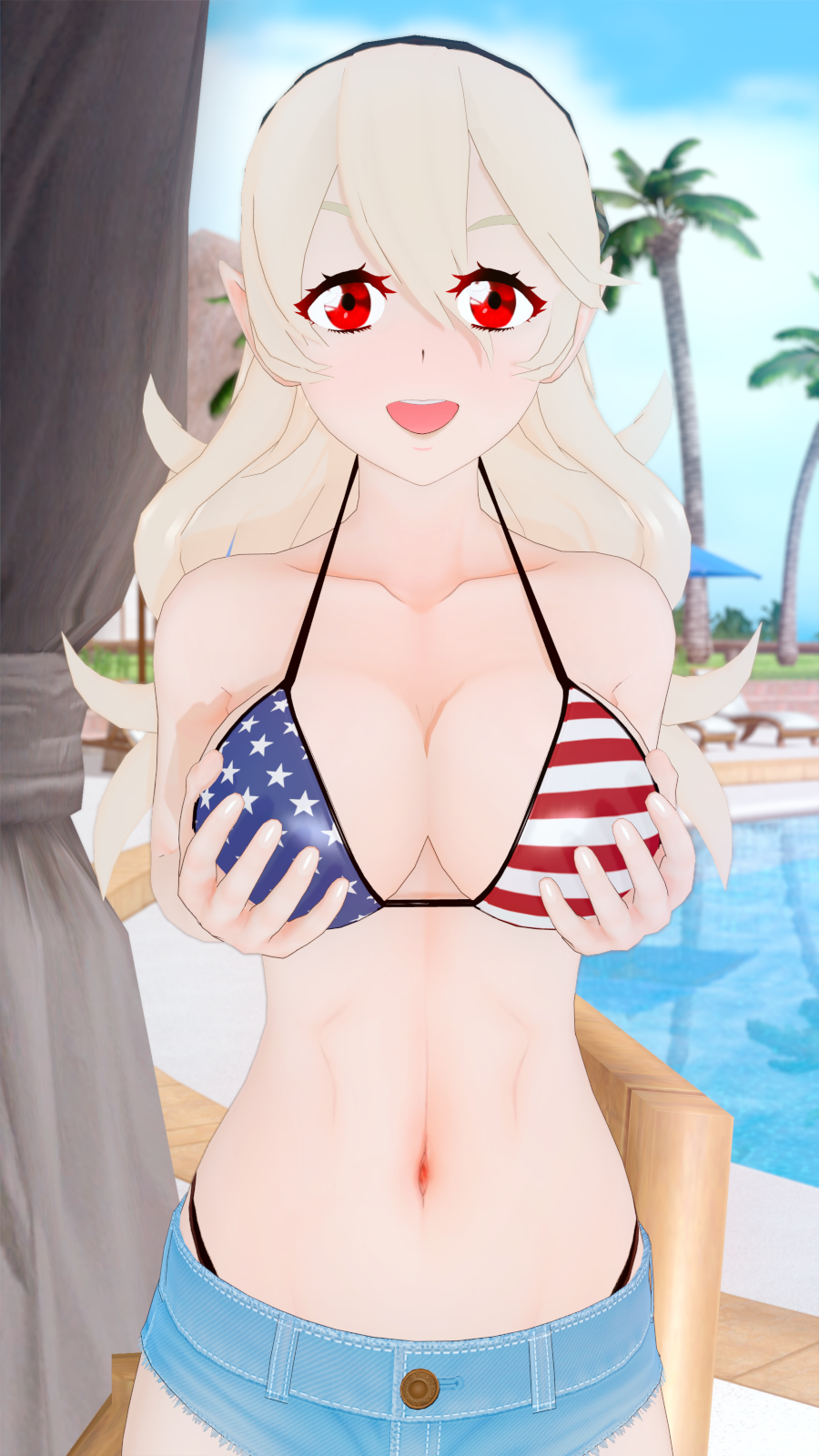 1girls 3d alternate_costume american_flag_bikini american_flag_bikini_top bikini blonde_hair breast_grab breast_hold breasts cleavage corrin_(fire_emblem) corrin_(fire_emblem)_(female) denim_shorts double_breast_grab female female_only fire_emblem fire_emblem_fates grabbing_own_breast hair_between_eyes kaoskatsu large_breasts long_hair looking_at_viewer more_at_source navel nintendo outdoors pointy_ears pool presenting presenting_breasts red_eyes shorts smile solo swimsuit toned_female water