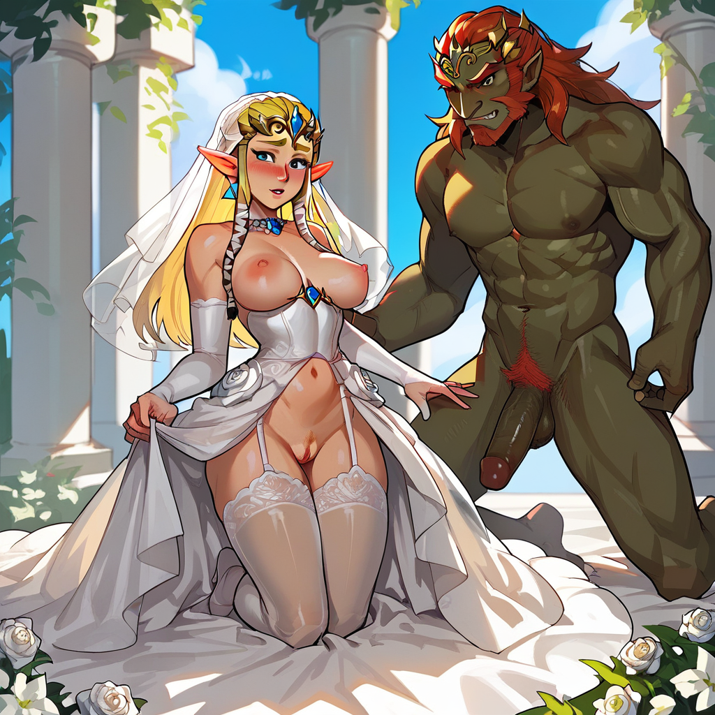 1boy 1girls ai_generated bride extnctionist ganondorf implied_marriage nintendo pony_diffusion_xl princess_zelda the_legend_of_zelda wedding_attire wedding_dress wedding_veil