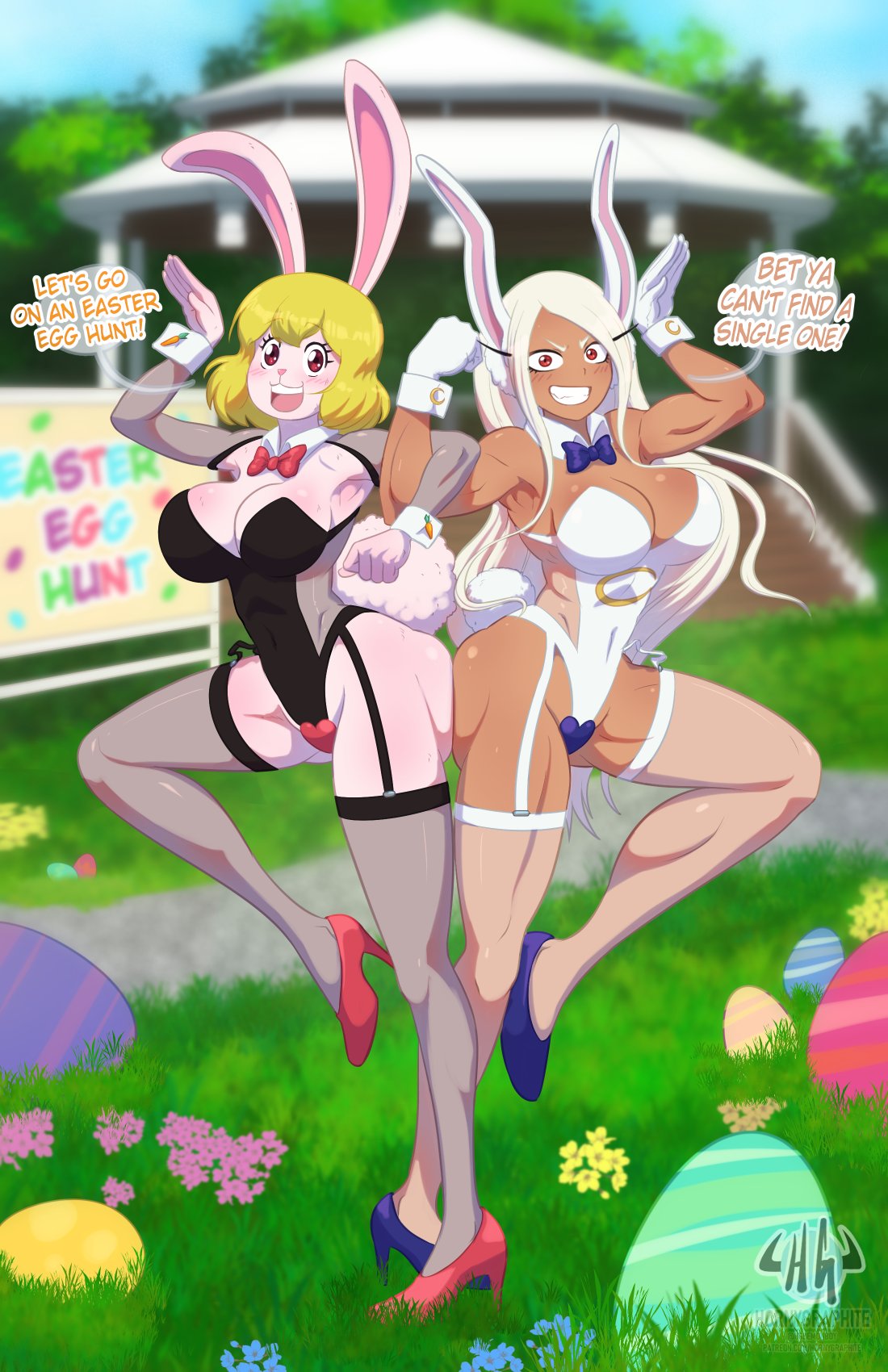 2girls ass_press ass_to_ass big_breasts blonde_hair blurry_background boku_no_hero_academia bowtie bunny_ears bunny_girl bunny_pose bunny_tail bunnysuit carrot_(one_piece) cleavage crossover curvy dark-skinned_female dark_skin detached_collar detached_cuffs easter easter_egg english_text female female_only garter_straps heart_maebari high_heels hornygraphite leotard long_eyelashes mink_tribe mirko miruko multiple_girls muscular_female my_hero_academia one_piece rabbit_humanoid red_eyes rumi_usagiyama short_hair shrug_(clothing) standing_on_one_leg thick_thighs thighhighs very_long_hair white_hair