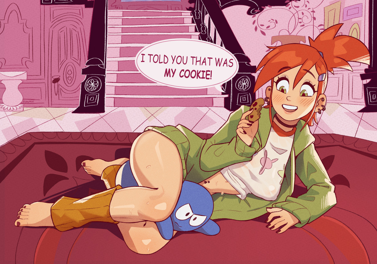 1girls, bloo, cookies, female, foster's home for imaginary friends, frankie foster, klimspree, red hair, text, text bubble