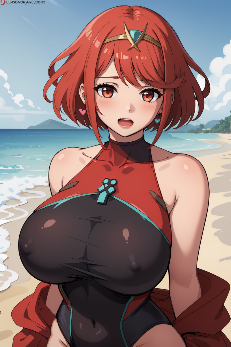 1girls, ai generated, aindroidparanoid, beach, blush, breasts, core crystal, covered nipples, erect nipples, female, female only, gigantic breasts, happy, huge breasts, nipples, open mouth, pyra, pyra (xenoblade), red eyes, red hair, sand, sea, seductive, short hair, stable diffusion, swimsuit, xenoblade (series), xenoblade chronicles 2, xenoblade chronicles 3