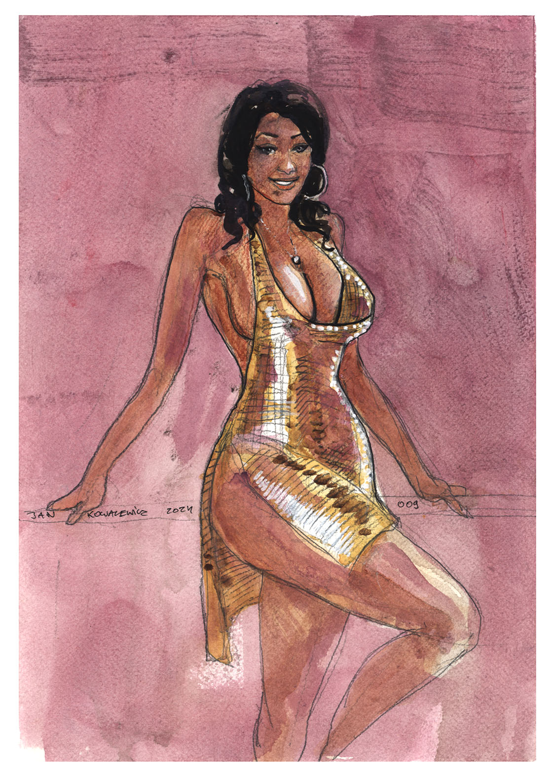 1girls 2024 big_breasts dark-skinned_female dark_skin dress female female_only gold_dress hotwife human human_only jan_kowalewicz jandraws self_upload solo watercolor_(artwork)